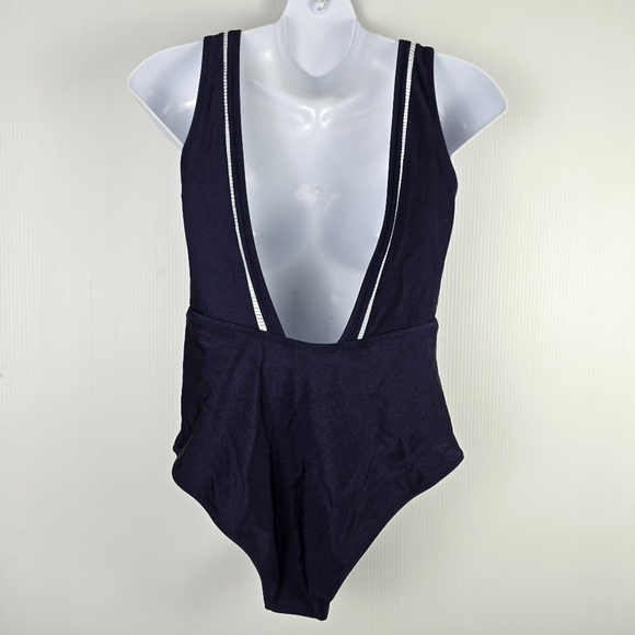 NWT Cupshe Women's One Piece Navy Plunging Neckline And Back White Inlay Small - Picture 6 of 12